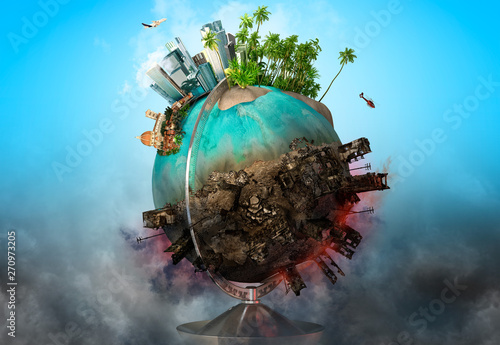 Earth globe with peace and war battle ruined areas. Apocalypse, world saving,...