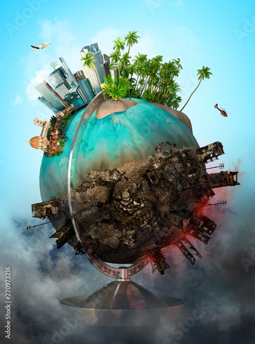 Earth globe with peace and war battle ruined areas. Apocalypse, world saving, environment ecology, pollution, peace and world war concept. 3D illustration	