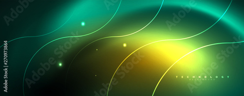 Shiny neon lines template - northern lights glowing blur lines. Futuristic style glow neon 80s disco club or night party techno template