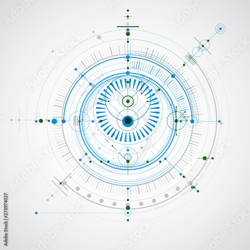 Mechanical scheme  blue and green vector engineering drawing with circles and geometric parts of mechanism. Technical plan can be used in web design and as wallpaper.