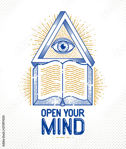 Secret knowledge vintage open book with all seeing eye of god in sacred geometry triangle, insight and enlightenment, masonry or illuminati symbol, vector logo or emblem design element.