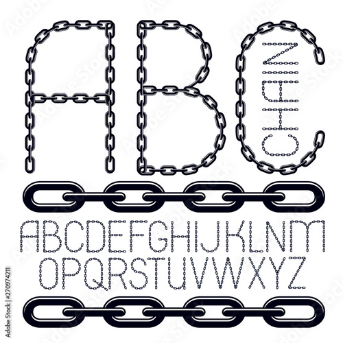 Set of vector English alphabet letters, abc isolated. Upper case decorative font created using metal connected chain link.