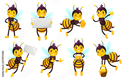 Cartoon bee character. Bees honey, flying cute honeybee and funny yellow bee mascot vector illustration set