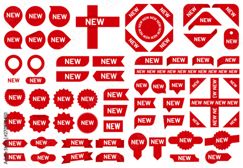 New sticker badge. Newest arrival sale ribbon stickers, red badges and new flag sign vector set photo