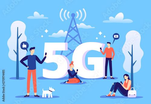 Mobile 5g connection. People with smartphones use high speed internet, fifth generation network and coverage zone vector illustration