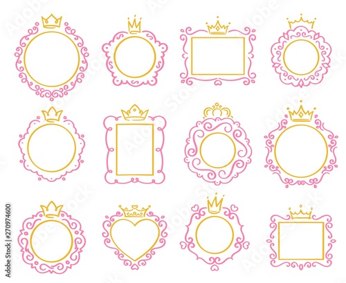 Princess frame. Cute crown border, royal mirror frames and majestic prince doodle borders isolated vector set