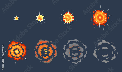 Cartoon explosion animation. Exploding effect frames, animated shot explode with smoke clouds vector illustration set