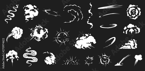 Comic smoke. Smoke puffs vfx, energy explosion effect and cartoon blast vector illustration set