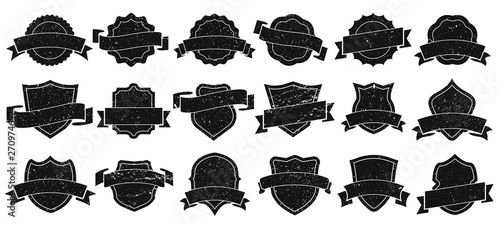 Vintage badge frames. Grunge badges, retro logo emblem frame and old label emblem silhouette isolated vector illustration set