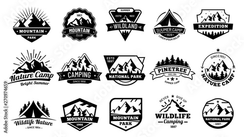 Outdoors nature badges. Adventure emblem  vintage wilderness label and outdooring camping badge vector illustration set