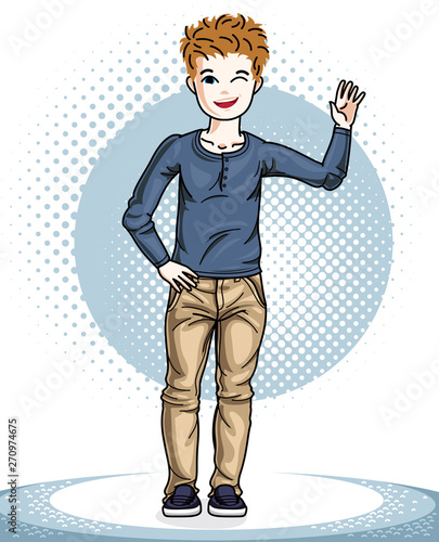 Little boy standing in stylish casual clothes. Vector human illustration. Childhood lifestyle cartoon.
