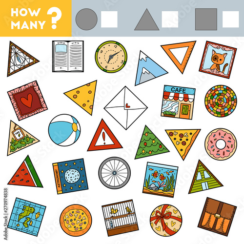 Counting Game for Children. Educational a mathematical game. Count how many round, square and triangular objects and write the result!