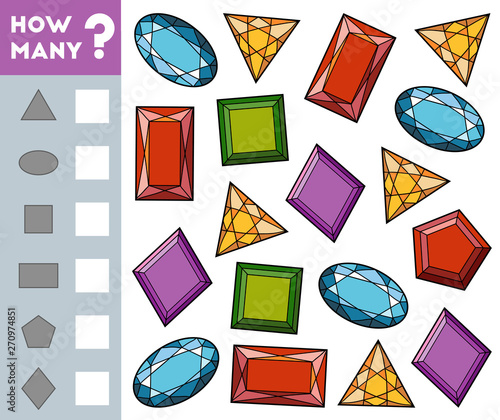 Counting Game for Children. Educational a mathematical game. Count how many gemstones and write the result!