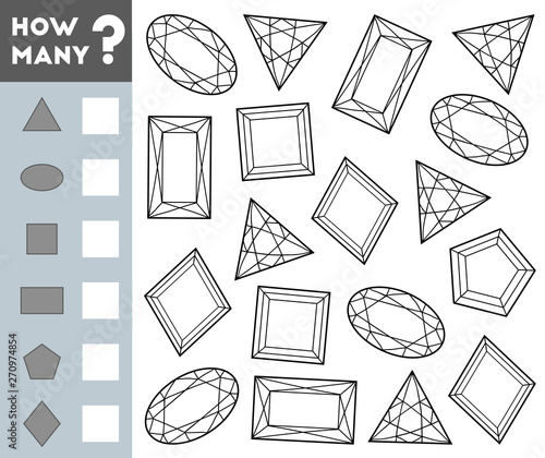 Counting Game for Children. Educational a mathematical game. Count how many gemstones and write the result!