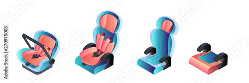 Child, infant and newborn baby car seats. Vector isolated cartoon icons. Safety automobile travel concept