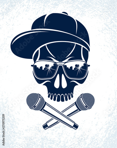 Hip Hop music vector logo or label with wicked skull and two microphones crossed like crossbones, Rap rhymes night club party festival or concert emblem, t-shirt print.