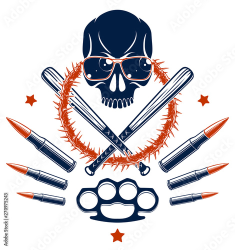 Gangster emblem logo or tattoo with aggressive skull baseball bats and other weapons and design elements, vector, criminal ghetto vintage style, gangster anarchy or mafia theme.