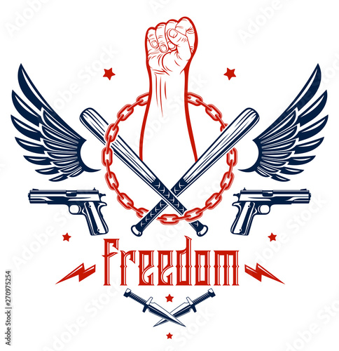 Revolution and Riot aggressive emblem or logo with strong clenched fist, weapons and different design elements , vector tattoo, anarchy and chaos, rebel partisan and revolutionary.