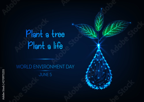 World Environment day banner with water drop, green sprout plant and text on dark blue background.