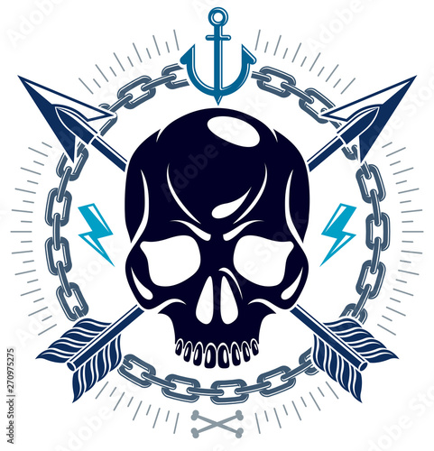 Jolly Roger dead head aggressive skull, Pirates vector emblem or logo with weapons and other design elements, vintage style logo or tattoo.