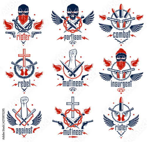 Anarchy and Chaos aggressive emblem or logo with strong clenched fist, aggressive skull, bullets and guns, weapons and different design elements , vector tattoo, rebel and revolutionary.