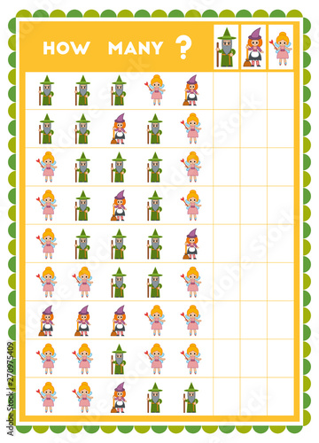 Counting game, educational game for children. Count how many cartoon characters in each row!