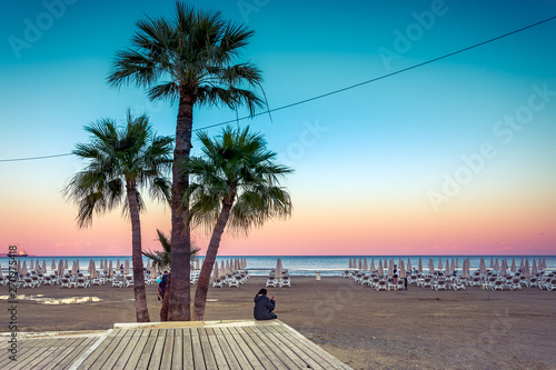 Fototapeta Naklejka Na Ścianę i Meble -  Palm trees and sunbeds at the sandy beach of Larnaca, Cyprus