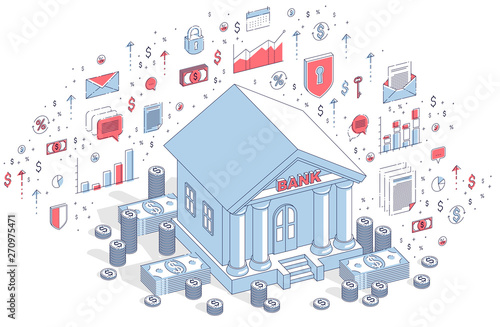 Old cartoon bank building with cash money dollar pile and cent stack cartoon isolated over white background. Isometric vector finance illustration with icons, stats charts and design elements.