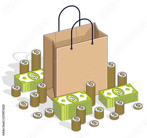 Big Sale concept, Retail, Sellout, Shopping Bag with cash money stacks and coin piles isolated on white background. Vector 3d isometric business and finance illustration, thin line design.