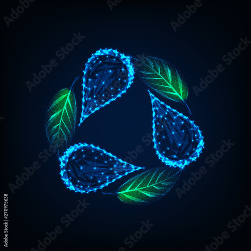Futuristic recycle sign made of glowing low poly water drops and green leaves on dark blue.
