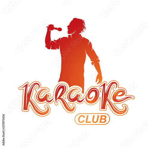 Vector illustration of content man singing, soloist holds a microphone in hand. Karaoke club, feel yourself famous superstar.