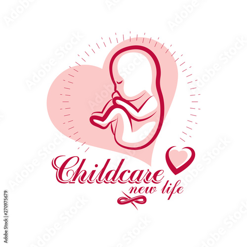 Vector embryo emblem placed in a heart shape. New life beginning drawing. Neonatal care center conceptual symbol