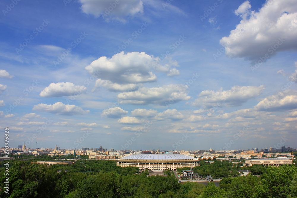 Moscow city skyline from Sparrow Hills on summer day in Russia 