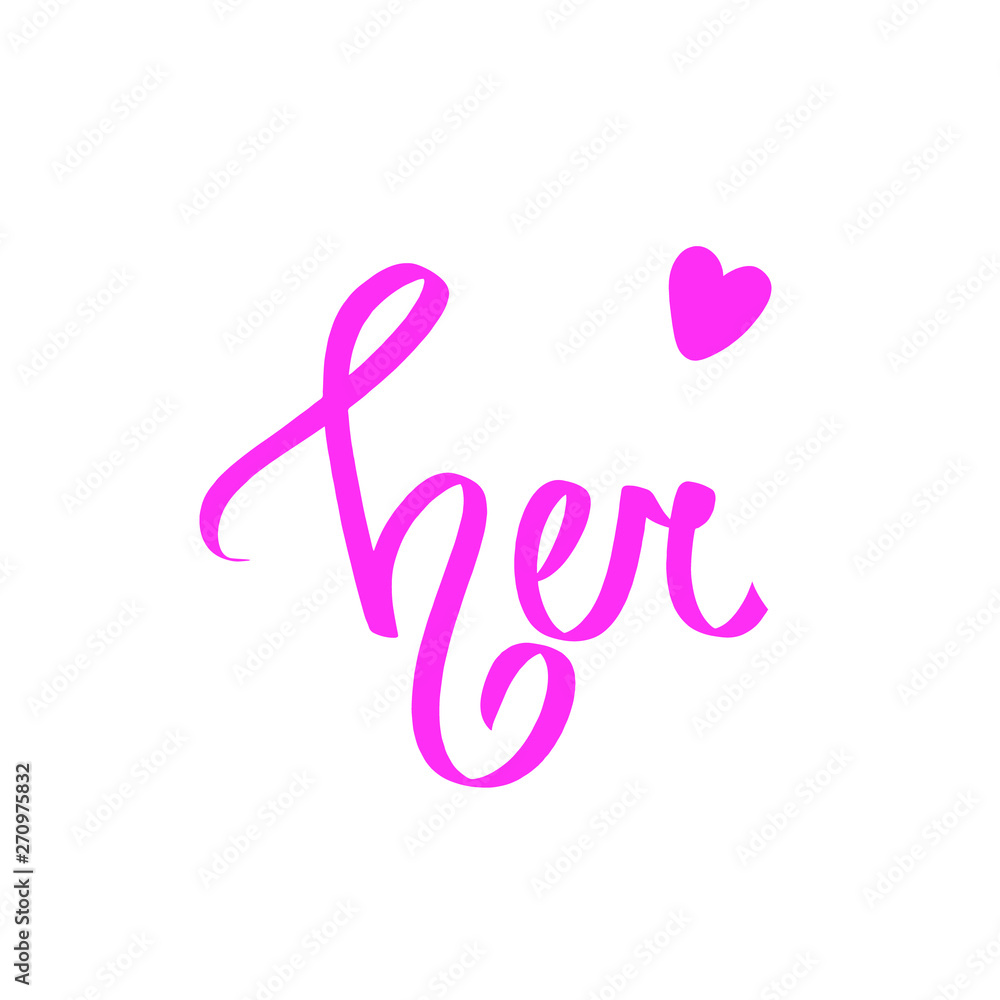 Her pink calligraphic word font design. Sweet letters vector illustration, little heart. Handwritten typography poster, greeting card, logo, print art or wedding decoration. Valentines day style. Her pink calligraphic word font design. Sweet letters vector illustration, little heart. Handwritten typography poster, greeting card, logo, print art or wedding decoration. Valentines day style.