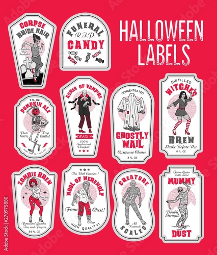 Halloween Bottle Labels Potion Labels with Monsters.