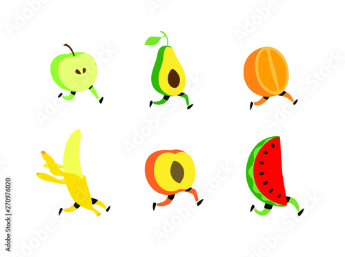 Illustration of running fruit. Vector. Fruit cocktail characters, healthy food. Cute apple, avacado, watermelon, banana, orange peaches with feet. Lively organic foods. © ae
