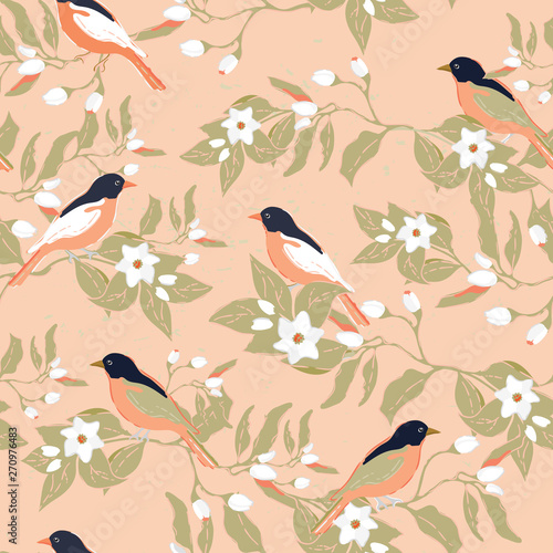 Birds on the blossoming orange trees, peach color background, vector illustration © ringele