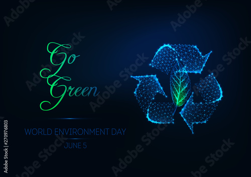 Futuristic world environment day web banner with glowing low polygonal recycle sign and green leaf.
