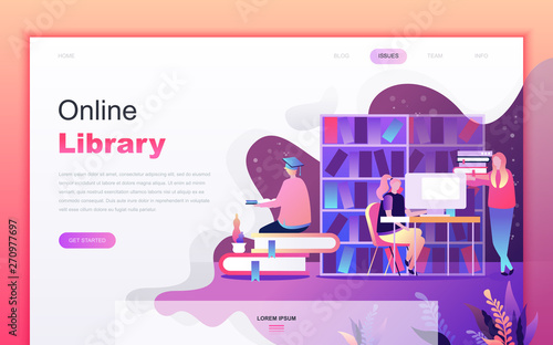 Modern flat cartoon design concept of Online Library for website and mobile app development. Landing page template. Decorated people character for web page or homepage. Vector illustration.
