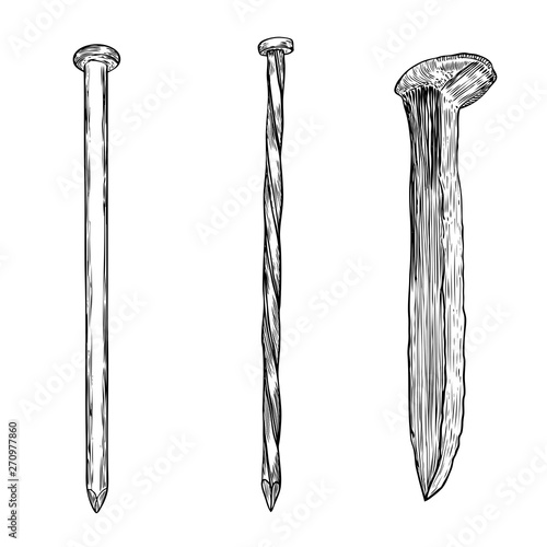 Set of hand drawn engraved metal carpenter and rail way or train way nail. Vector.