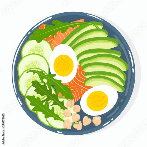 Buddha bowl with avocado, salmon, cucumber, boiled eggs, chickepeas, rucola, top view, isolated on background. Healthy clean balanced natural vegetarian detox meal. Vector illustration.