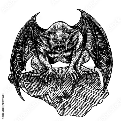 Mythological ancient gargoyle creatures human and dragon like chimera with bat wings and horns. Mythical gargouille with sharp fangs and claws seating on the stone. Engraved hand drawn sketch. Vector.