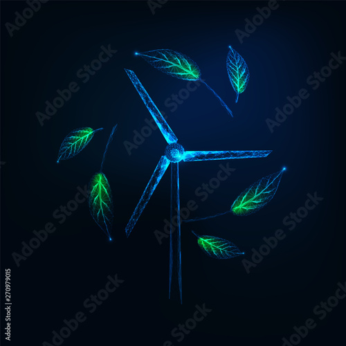 Futuristic sustainable energy concept with glowing low poly wind turbine generator and green leaves