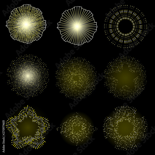Rays of halo light and catholic rays set isolated on black. Art tattoo reference template. Gold symbol of religion pride and glory. Angel and saints ring nimbus. Vector.