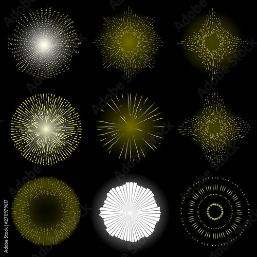 Rays of halo light and catholic rays set isolated on black. Art tattoo reference template. Gold symbol of religion pride and glory. Angel and saints ring nimbus. Vector.