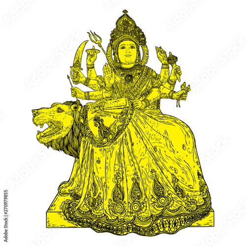 Indian Goddess Durga classic sculpture for Durga Puja holiday festival of India in Dussehra Vijayadashami Navratri. Hand drawn isolated design. Vector.