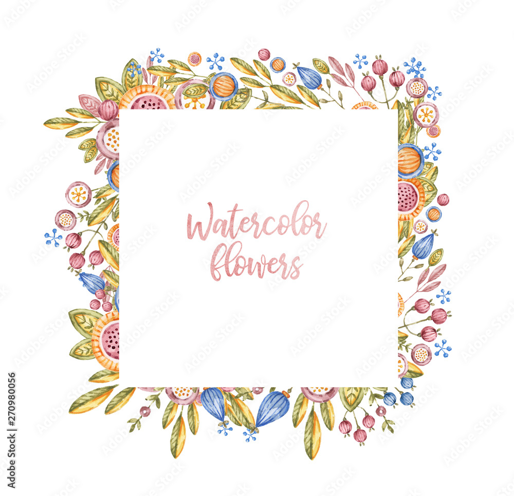 Square watercolour flower frame isolated on white Square watercolour flower frame isolated on white