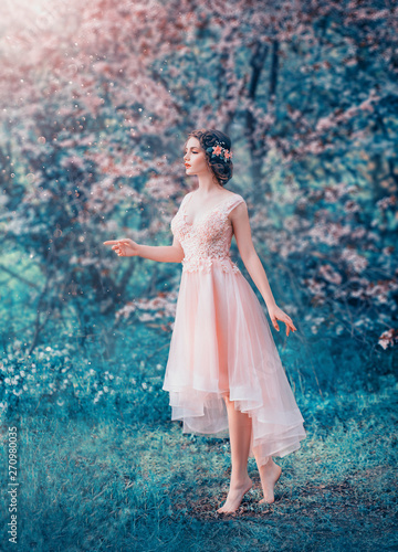 pretty slender girl with braided dark hair in a delicate elegant peach dress, a fairy-tale princess in a frozen flowering forest, a gentle image of the forest queen, fairy in love, creative colors