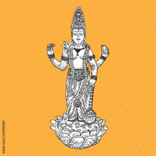 Lord Vishnu standing on lotus giving blessing hand drawn illustration in classic vision. Hindu God.  Vector.