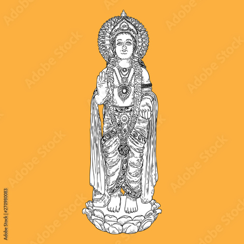 Lord Murugan classic statue drawing, God of war, son of Shiva and Parvati also known as Skanda. Vector.